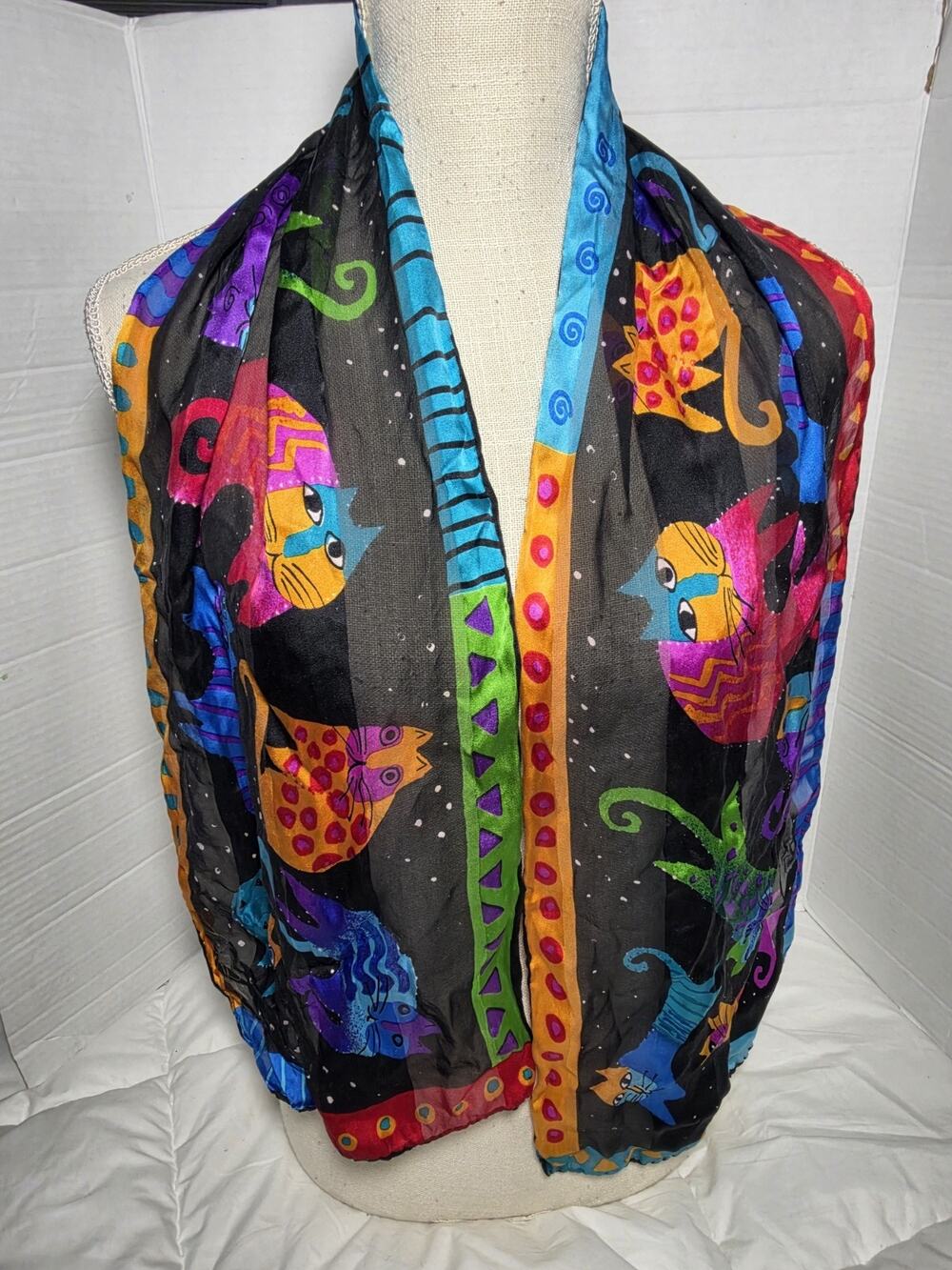 Authentic Laurel Burch Cat Motif Cats 100% Silk Scarf Vtg Boho Bohemian Felines